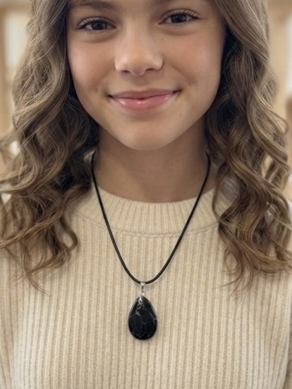 Sleek Black Natural Crystal teardrop shape Pendant Necklace